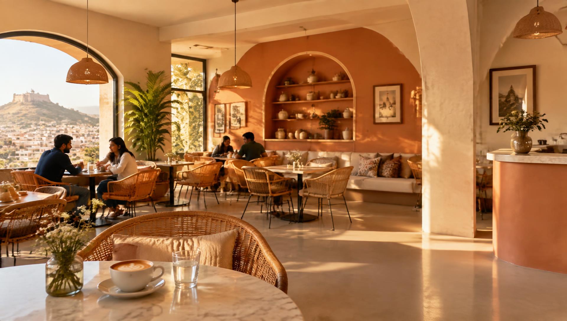 Warm, sunlit interior of Interval Café in Jaipur with guests and a cappuccino