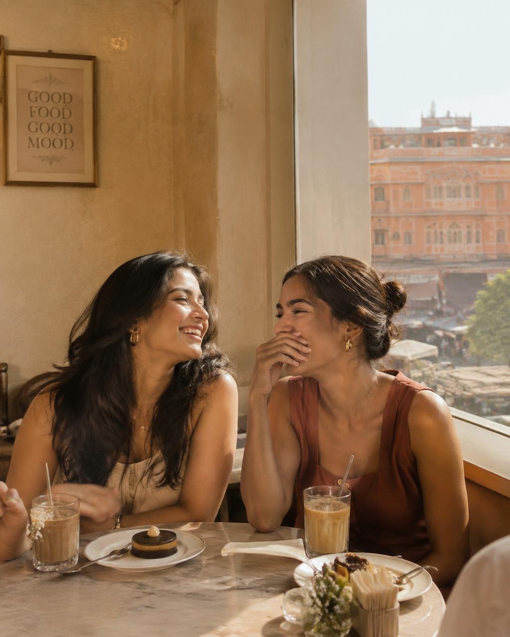 Friends laughing over iced coffee by a window at Interval Café